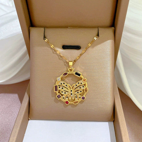 Women's Titanium Steel Exaggerated Color Butterfly Microinlaid Real Gold Geometric Design Necklace