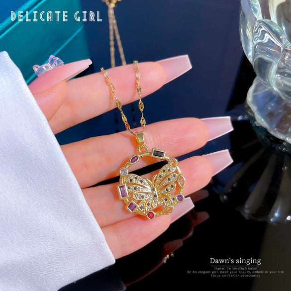 Women's Titanium Steel Exaggerated Color Butterfly Microinlaid Real Gold Geometric Design Necklace