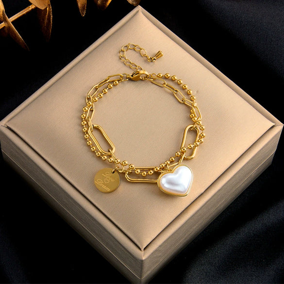 Women's Titanium Steel Fashion Retro Simple Design Irregular Double Layer Chain Love Lettering Round Pendant Bracelet With Electroplating Treatment