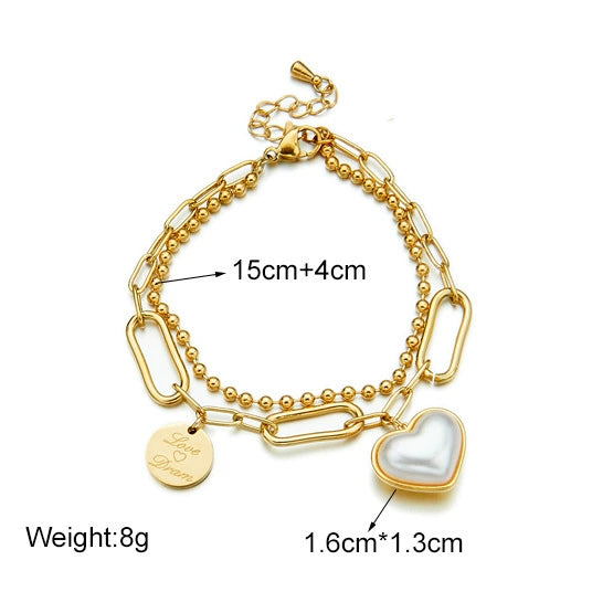 Women's Titanium Steel Fashion Retro Simple Design Irregular Double Layer Chain Love Lettering Round Pendant Bracelet With Electroplating Treatment