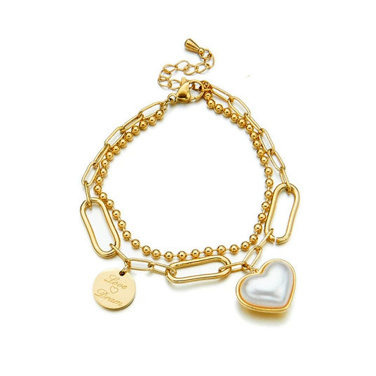 Women's Titanium Steel Fashion Retro Simple Design Irregular Double Layer Chain Love Lettering Round Pendant Bracelet With Electroplating Treatment