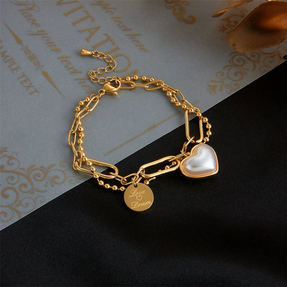 Women's Titanium Steel Fashion Retro Simple Design Irregular Double Layer Chain Love Lettering Round Pendant Bracelet With Electroplating Treatment