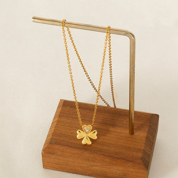 Women's Titanium Steel Four Leaf Clover Diamond Mixed Gem Inlay Necklace With Flower Pattern And Cross Chain Style