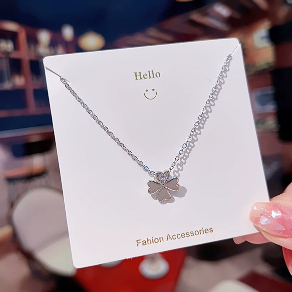 Women's Titanium Steel Four Leaf Clover Diamond Mixed Gem Inlay Necklace With Flower Pattern And Cross Chain Style