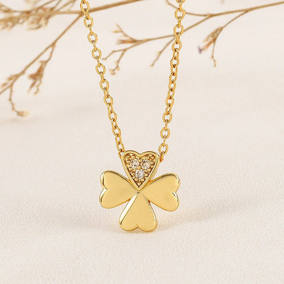Women's Titanium Steel Four Leaf Clover Diamond Mixed Gem Inlay Necklace With Flower Pattern And Cross Chain Style