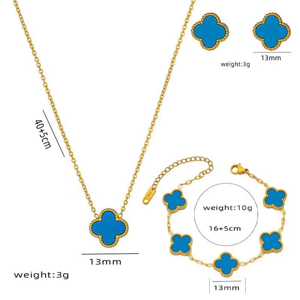 Women's Titanium Steel Fourleaf Clover Necklace Bracelet Earrings Threepiece Set With Mixed Gemstone Inlay And Vacuum Furnace Electroplating Geometric Letters Numbers Text Pattern