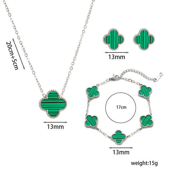 Women's Titanium Steel Fourleaf Clover Necklace Bracelet Earrings Threepiece Set With Mixed Gemstone Inlay And Vacuum Furnace Electroplating Geometric Letters Numbers Text Pattern
