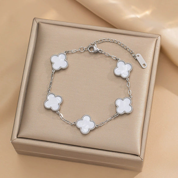 Women's Titanium Steel Fourleaf Clover Necklace Bracelet Earrings Threepiece Set With Mixed Gemstone Inlay And Vacuum Furnace Electroplating Geometric Letters Numbers Text Pattern