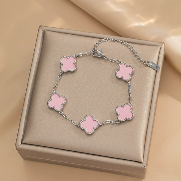 Women's Titanium Steel Fourleaf Clover Necklace Bracelet Earrings Threepiece Set With Mixed Gemstone Inlay And Vacuum Furnace Electroplating Geometric Letters Numbers Text Pattern