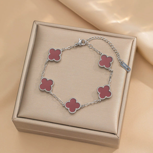 Women's Titanium Steel Fourleaf Clover Necklace Bracelet Earrings Threepiece Set With Mixed Gemstone Inlay And Vacuum Furnace Electroplating Geometric Letters Numbers Text Pattern