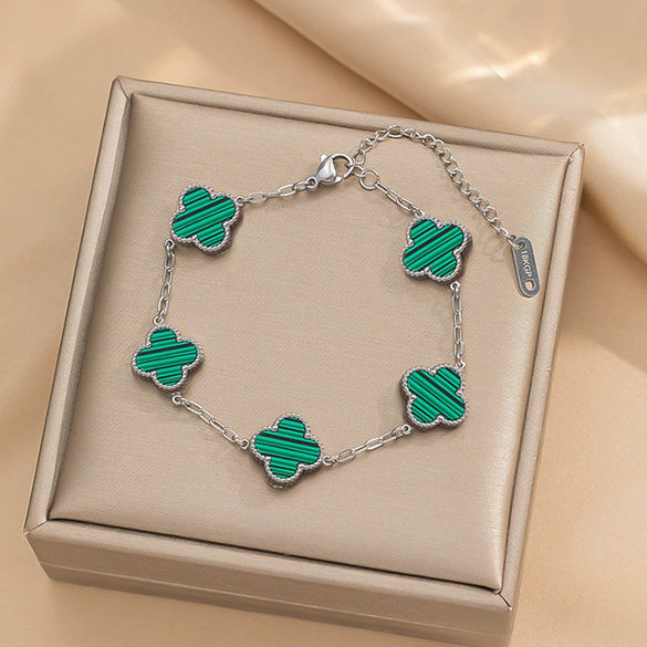 Women's Titanium Steel Fourleaf Clover Necklace Bracelet Earrings Threepiece Set With Mixed Gemstone Inlay And Vacuum Furnace Electroplating Geometric Letters Numbers Text Pattern