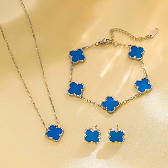 Women's Titanium Steel Fourleaf Clover Necklace Bracelet Earrings Threepiece Set With Mixed Gemstone Inlay And Vacuum Furnace Electroplating Geometric Letters Numbers Text Pattern