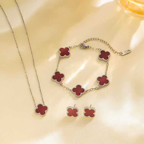 Women's Titanium Steel Fourleaf Clover Necklace Bracelet Earrings Threepiece Set With Mixed Gemstone Inlay And Vacuum Furnace Electroplating Geometric Letters Numbers Text Pattern