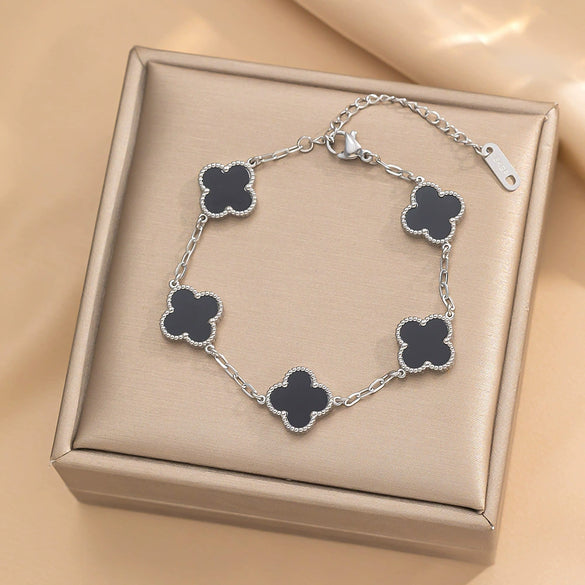 Women's Titanium Steel Fourleaf Clover Necklace Bracelet Earrings Threepiece Set With Mixed Gemstone Inlay And Vacuum Furnace Electroplating Geometric Letters Numbers Text Pattern