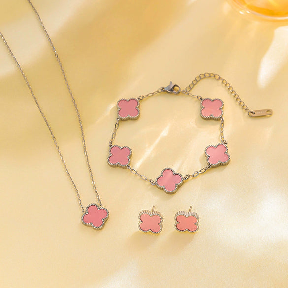 Women's Titanium Steel Fourleaf Clover Necklace Bracelet Earrings Threepiece Set With Mixed Gemstone Inlay And Vacuum Furnace Electroplating Geometric Letters Numbers Text Pattern