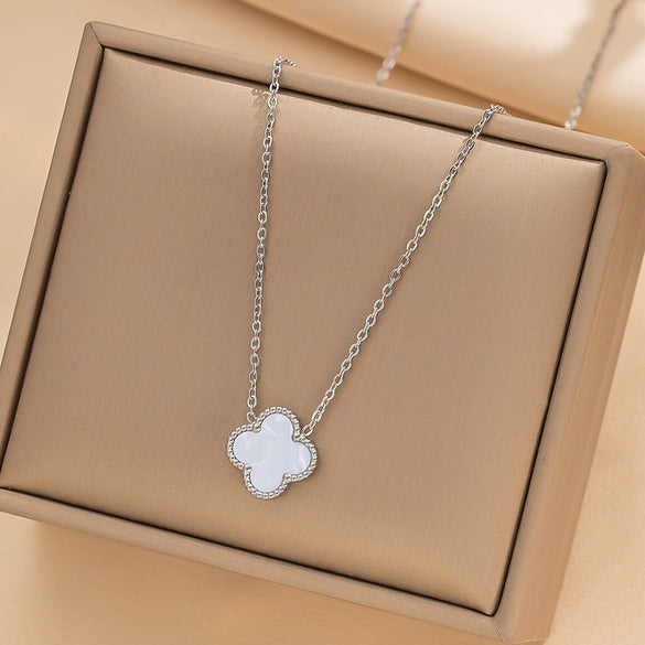 Women's Titanium Steel Fourleaf Clover Necklace Bracelet Earrings Threepiece Set With Mixed Gemstone Inlay And Vacuum Furnace Electroplating Geometric Letters Numbers Text Pattern