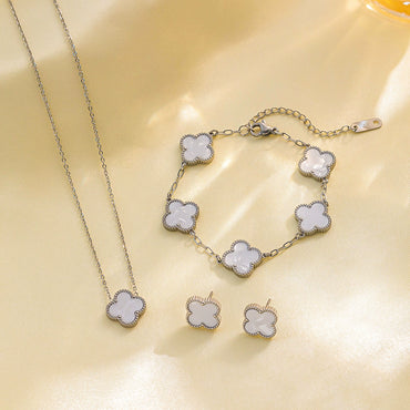 Women's Titanium Steel Fourleaf Clover Necklace Bracelet Earrings Threepiece Set With Mixed Gemstone Inlay And Vacuum Furnace Electroplating Geometric Letters Numbers Text Pattern