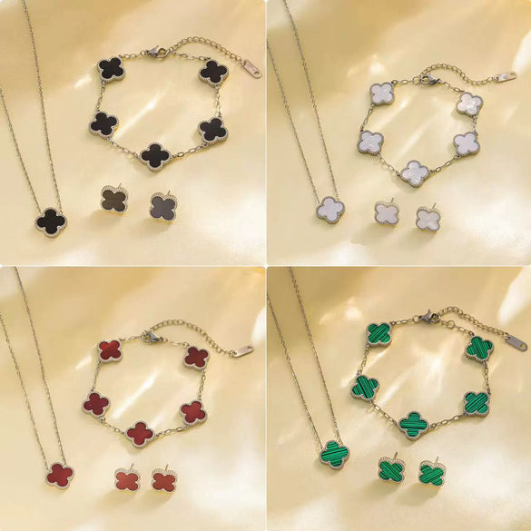 Women's Titanium Steel Fourleaf Clover Necklace Bracelet Earrings Threepiece Set With Mixed Gemstone Inlay And Vacuum Furnace Electroplating Geometric Letters Numbers Text Pattern