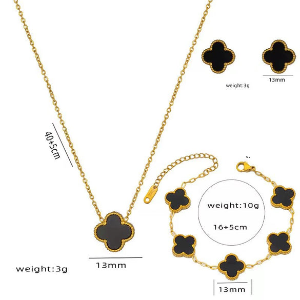 Women's Titanium Steel Fourleaf Clover Necklace Bracelet Earrings Threepiece Set With Mixed Gemstone Inlay And Vacuum Furnace Electroplating Geometric Letters Numbers Text Pattern