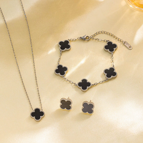 Women's Titanium Steel Fourleaf Clover Necklace Bracelet Earrings Threepiece Set With Mixed Gemstone Inlay And Vacuum Furnace Electroplating Geometric Letters Numbers Text Pattern