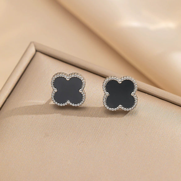 Women's Titanium Steel Fourleaf Clover Necklace Bracelet Earrings Threepiece Set With Mixed Gemstone Inlay And Vacuum Furnace Electroplating Geometric Letters Numbers Text Pattern