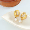 Women's 316L Stainless Steel French Retro Light Luxury Electroplated Hollow Lava Irregular Freshwater Pearl Pendant Exaggerated Earrings With Geometric Pattern