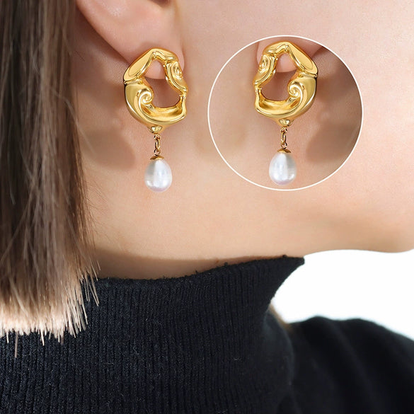 Women's 316L Stainless Steel French Retro Light Luxury Electroplated Hollow Lava Irregular Freshwater Pearl Pendant Exaggerated Earrings With Geometric Pattern
