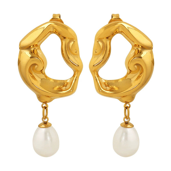 Women's 316L Stainless Steel French Retro Light Luxury Electroplated Hollow Lava Irregular Freshwater Pearl Pendant Exaggerated Earrings With Geometric Pattern