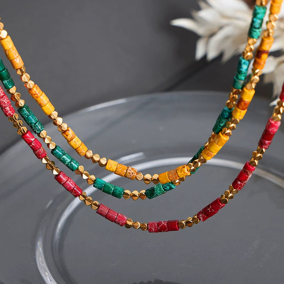 Women's 316L Stainless Steel Geometric Beaded Emperor Stone Necklace Goldplated Popular Jewelry