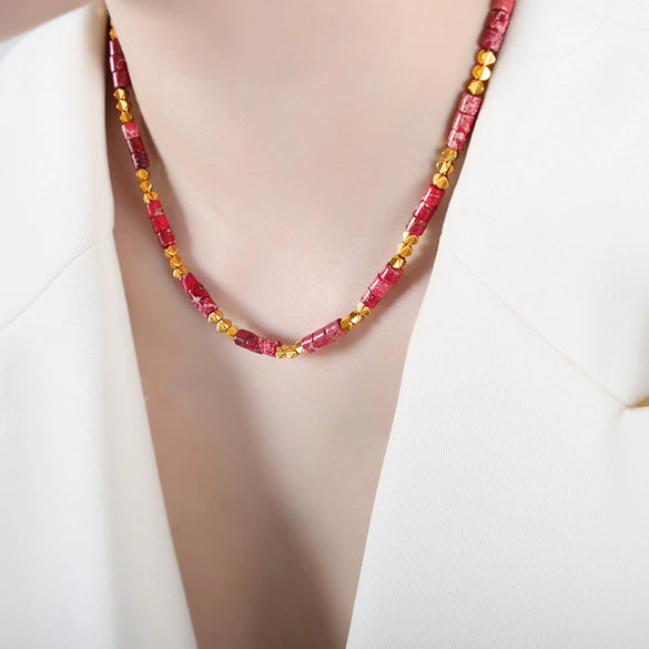 Women's 316L Stainless Steel Geometric Beaded Emperor Stone Necklace Goldplated Popular Jewelry