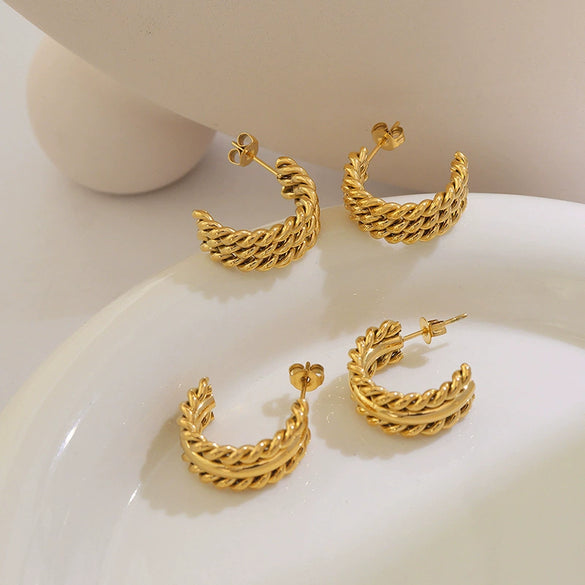 Women's 316L Stainless Steel Geometric Cshaped Twist Earrings 18K Gold Plated