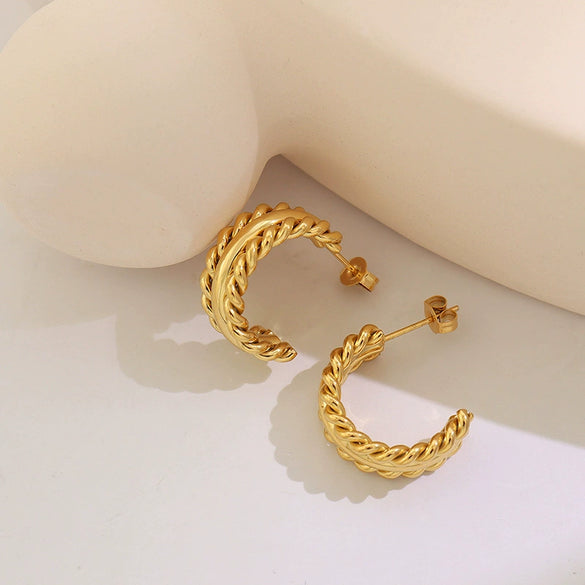Women's 316L Stainless Steel Geometric Cshaped Twist Earrings 18K Gold Plated