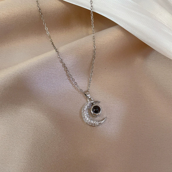 Women's Titanium Steel Geometric Diamond Moon Projection Necklace