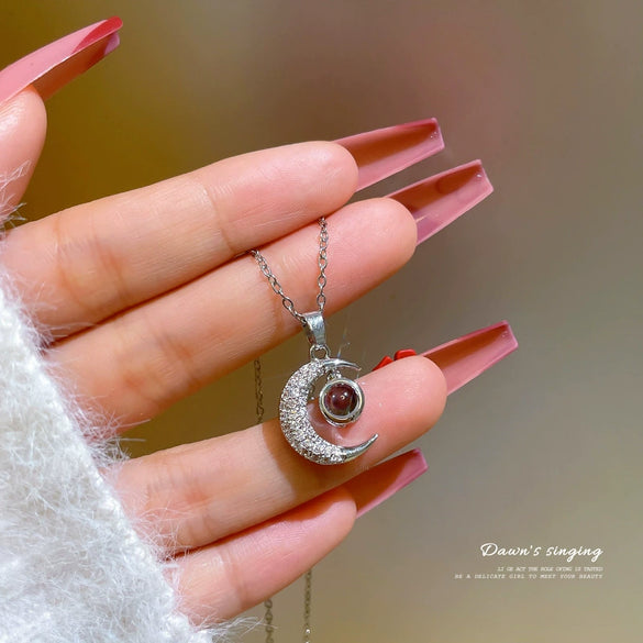 Women's Titanium Steel Geometric Diamond Moon Projection Necklace