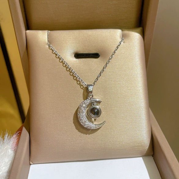 Women's Titanium Steel Geometric Diamond Moon Projection Necklace