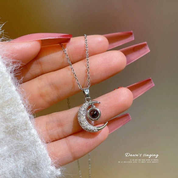 Women's Titanium Steel Geometric Diamond Moon Projection Necklace