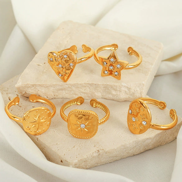 Women's 316L Stainless Steel Geometric Diamond Open Ring Gold Plated French Style Light Luxury Fashion Niche