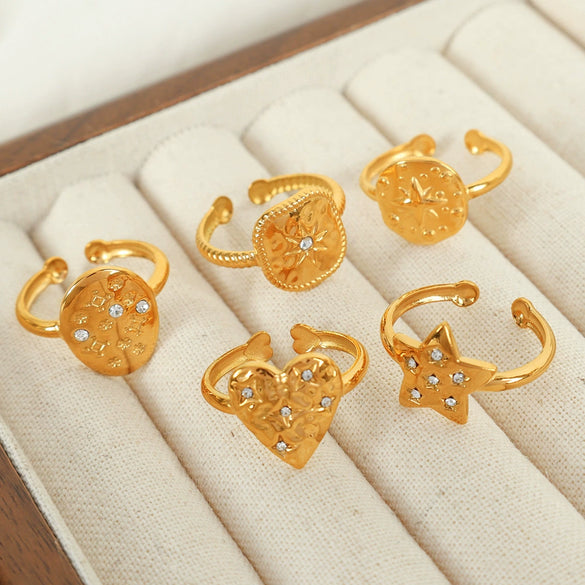 Women's 316L Stainless Steel Geometric Diamond Open Ring Gold Plated French Style Light Luxury Fashion Niche