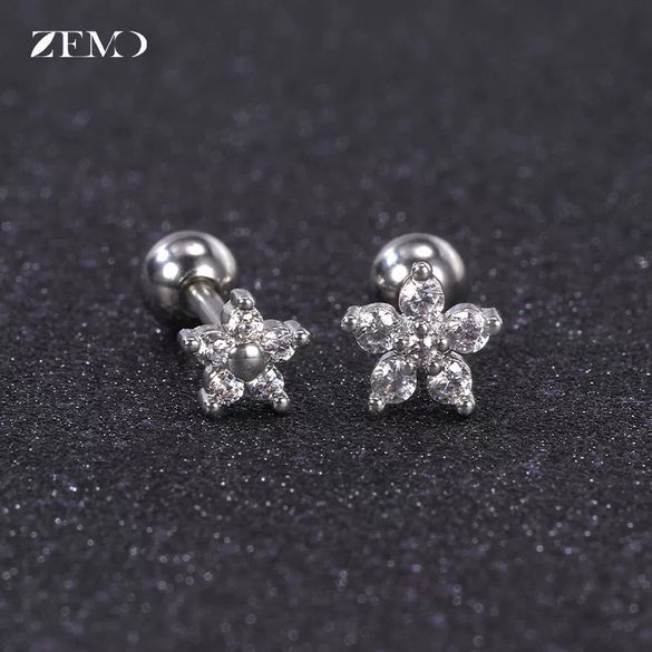 Women's Titanium Steel Geometric Diamond Style Ear Studs With Thin Needle Screw Back Princess Style Cartilage And Helix Earrings
