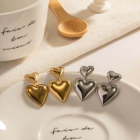 Women's Titanium Steel Geometric Double Earrings With Electroplating And Nonfading Love Pendant