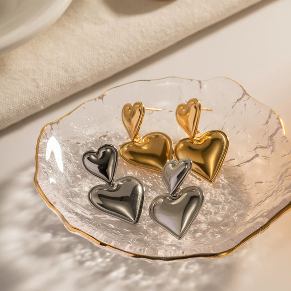 Women's Titanium Steel Geometric Double Earrings With Electroplating And Nonfading Love Pendant