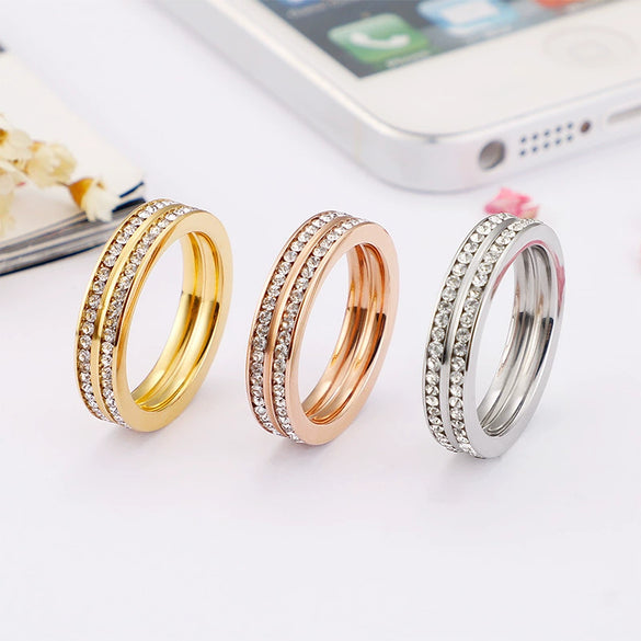 Women's Titanium Steel Geometric Double Row Circle Ring With Full Rhinestone Inlay Electroplated Stainless Steel Fashion Jewelry