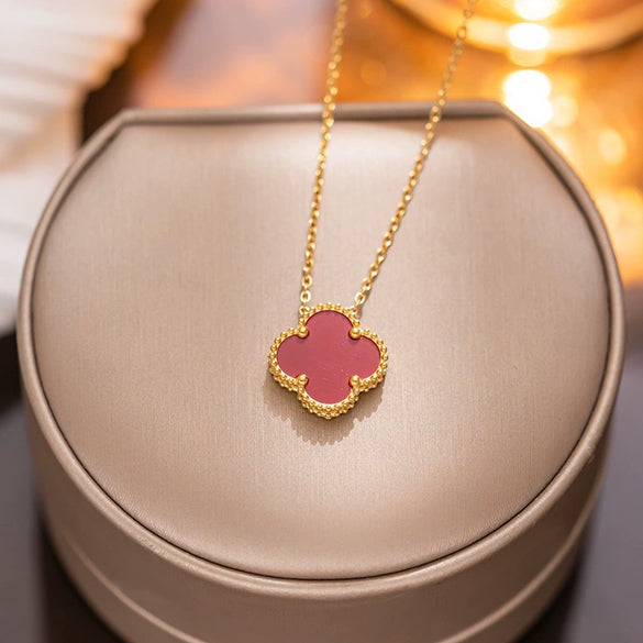 Women's Titanium Steel Geometric Doublesided Fourleaf Clover Necklace With O Word Chain Electroplated