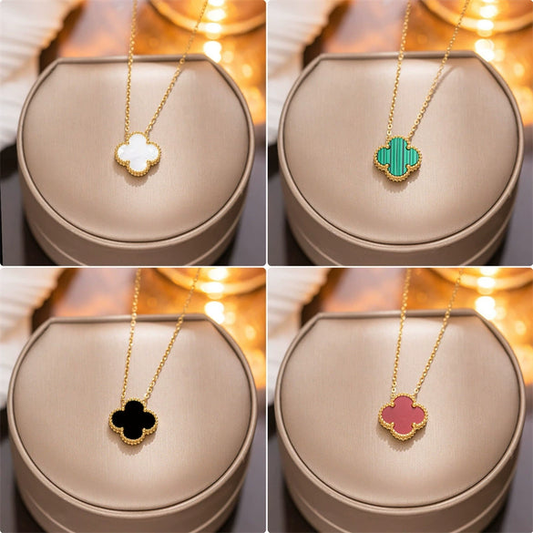Women's Titanium Steel Geometric Doublesided Fourleaf Clover Necklace With O Word Chain Electroplated