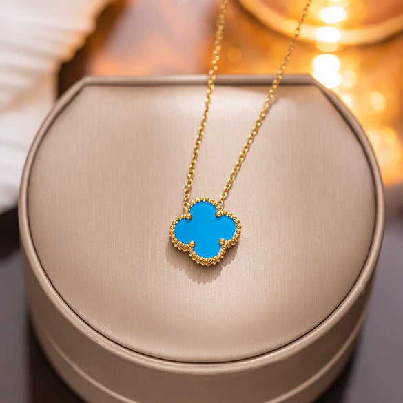 Women's Titanium Steel Geometric Doublesided Fourleaf Clover Necklace With O Word Chain Electroplated