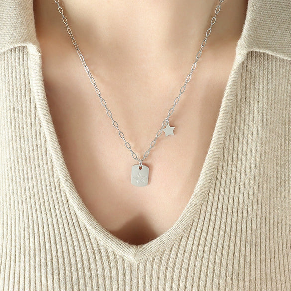 Women's Titanium Steel Geometric Five Pointed Star And Square Pendant Necklace With Electroplated Finish
