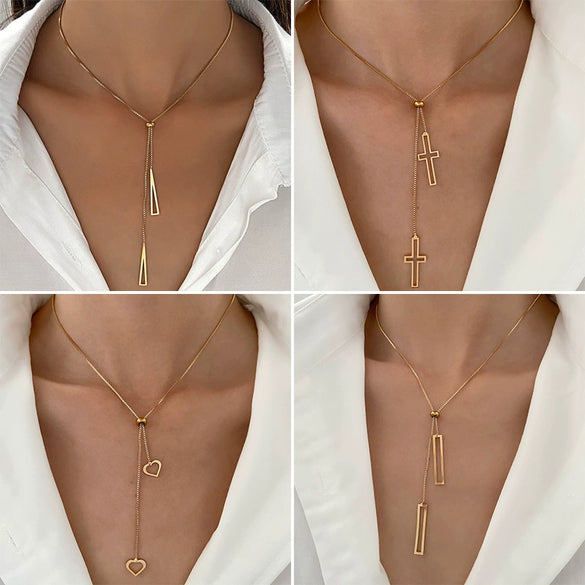 Women's Titanium Steel Geometric Heart Shape Pullout Clavicle Chain Necklace With Electroplating And Snake Bone Chain Style
