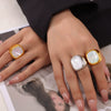 Women's 316L Stainless Steel Geometric Light Luxury Wide Pasta Finger Ring Inlaid With White Fritillary Design Goldplated Open Ring With Diamond Treatment