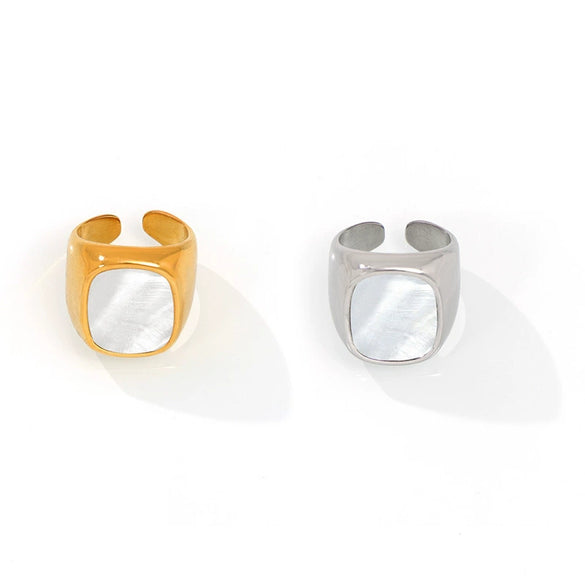 Women's 316L Stainless Steel Geometric Light Luxury Wide Pasta Finger Ring Inlaid With White Fritillary Design Goldplated Open Ring With Diamond Treatment