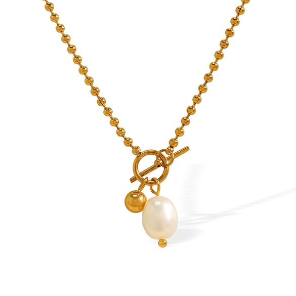 Women's 316L Stainless Steel Geometric Otter Buckle Pearl Pendant Necklace With Electroplating